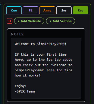 SimplePlay2000 Resources tab — Notes scratchpad with default greeting, plus Add Website and Add Section buttons