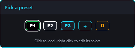 Preset picker — P1, P2, P3, add and duplicate