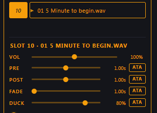An announcement slot showing volume, pre-roll, post-roll, fade, and duck controls