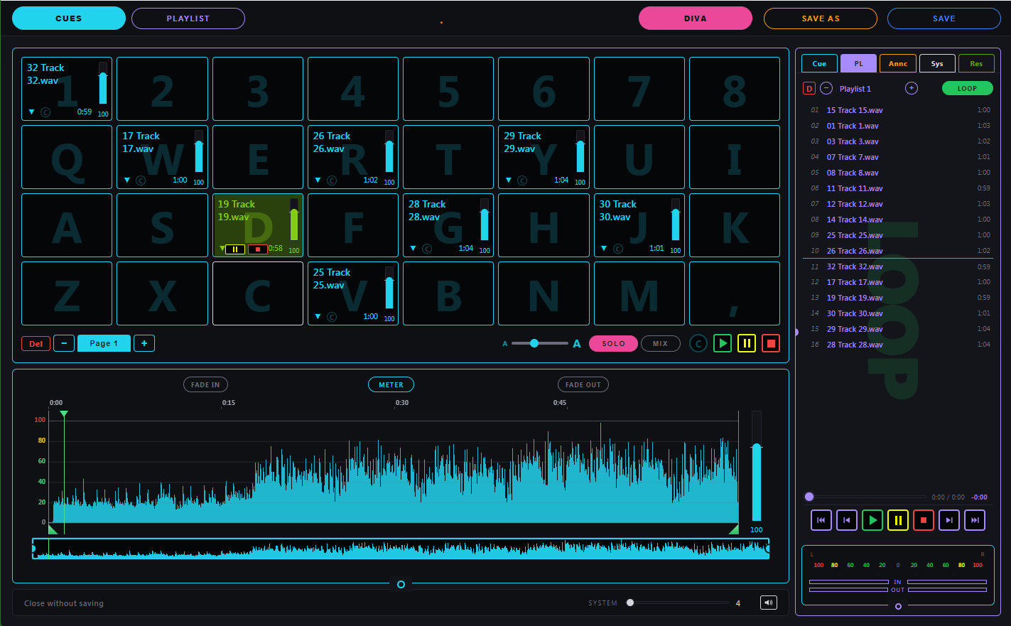 SimplePlay2000 — Cues view, with the active playlist mirrored in the side panel
