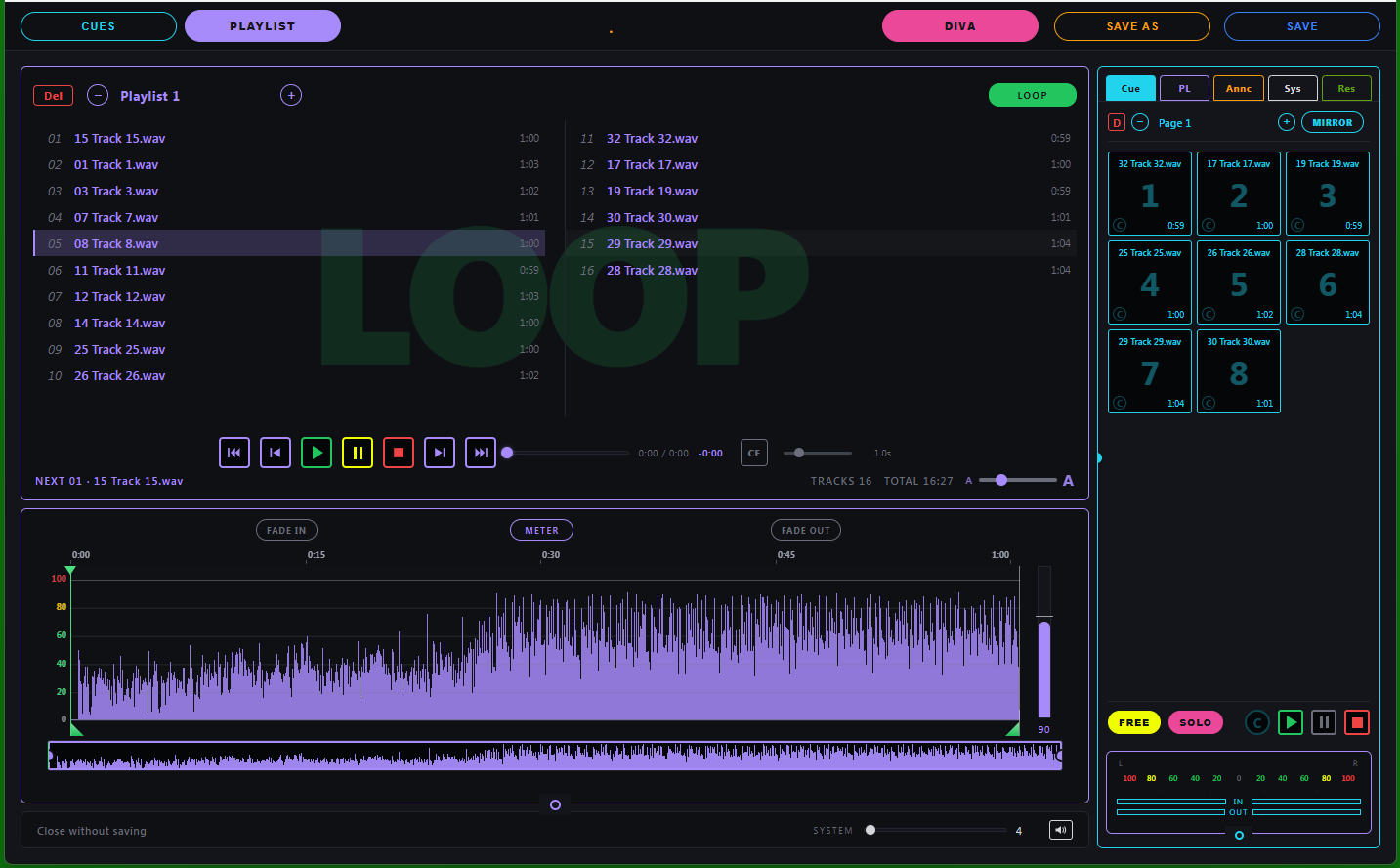 SimplePlay2000 — Playlist view, with the cue grid mirrored in the side panel