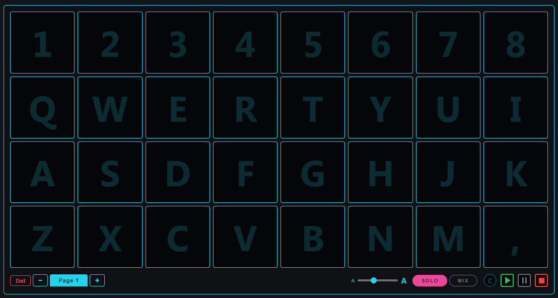 SimplePlay2000 — the cue grid, 8 columns by 4 rows, with one cue mid-play