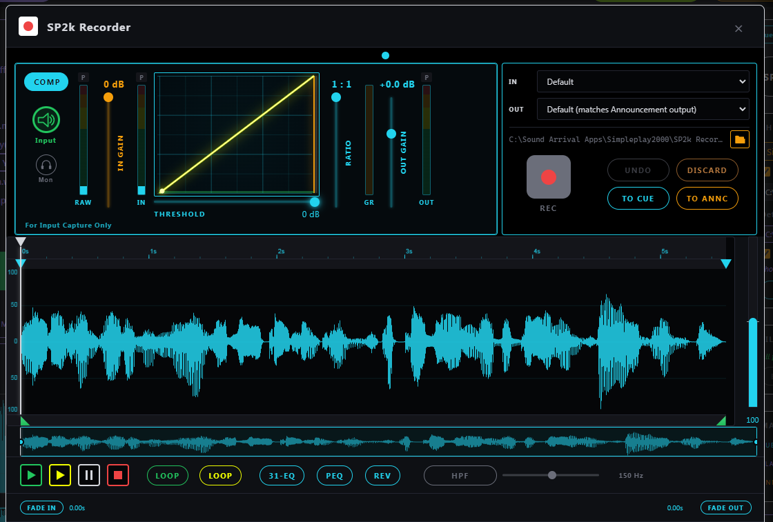 SP2k Recorder — input compressor with threshold and ratio controls