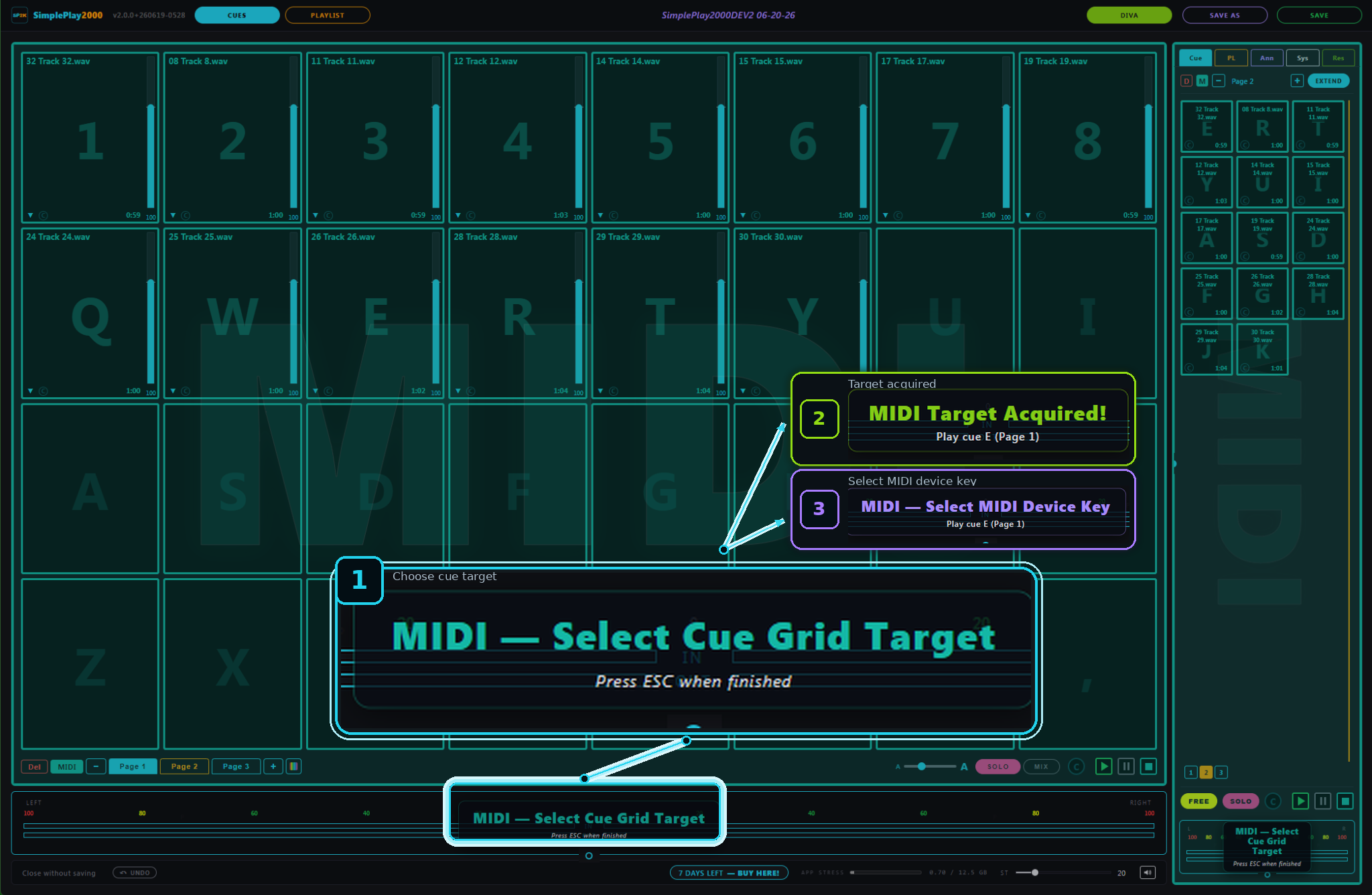 SimplePlay2000 MIDI Learn flow — Select Cue Grid Target, Select MIDI Device Key, and MIDI Target Acquired